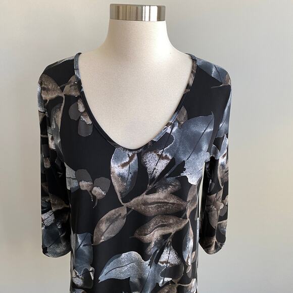 Clara Sun Woo Scoop Neck Tunic Black Grey Leaf Blouse Split Hem 3/4 Sleeve Small - Picture 2 of 7
